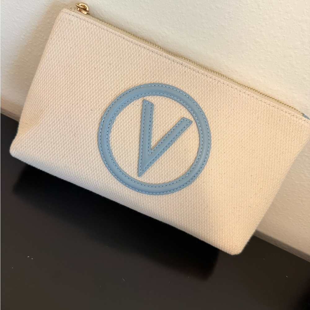 Valentino Cream Canvas Clutch or Make Up Bag with Blue Logo